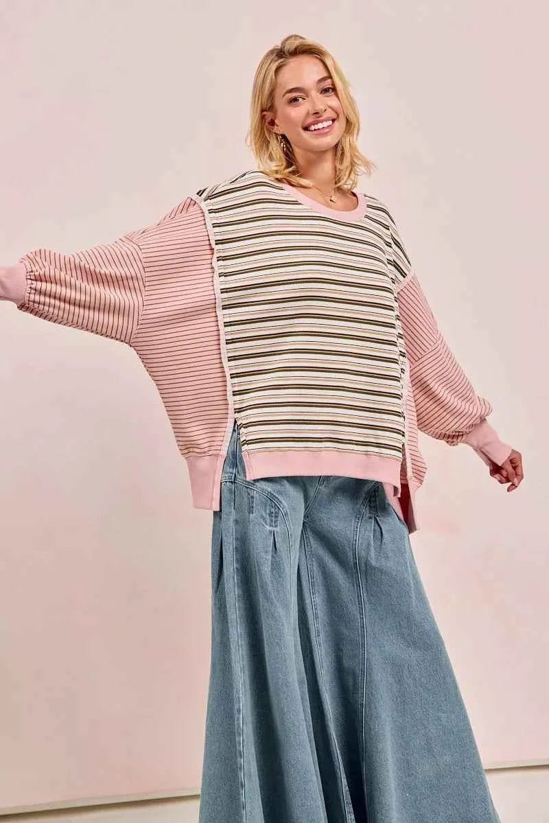 BiBi Stripe Mixed Top with Cut Edge and Reverse Outseam for Trendy Style - MegaSuperStar