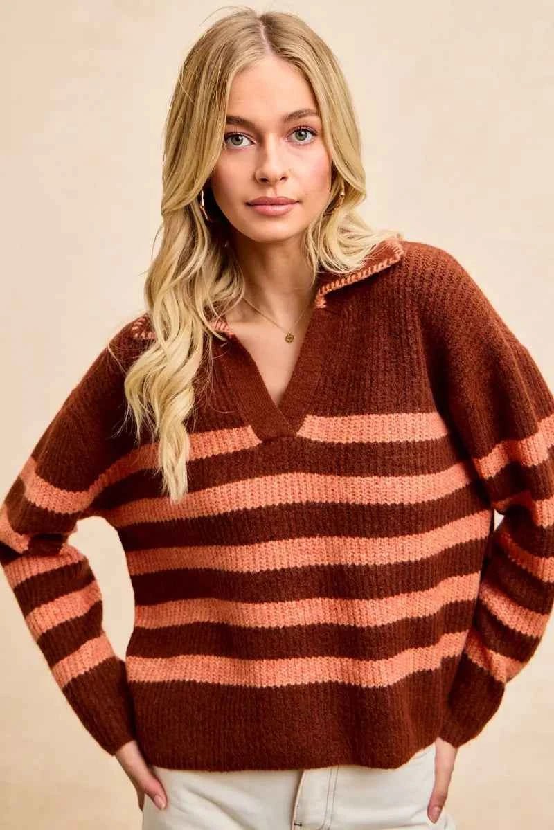 BiBi Striped Sweater Top with Collar Stitched Details - Stylish Layer for Every Season - MegaSuperStar