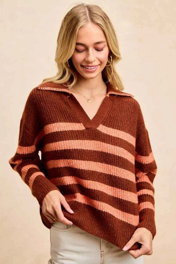 💖 BiBi Striped Sweater Top with Collar Stitched Details - Stylish Layer for Every Season 💖