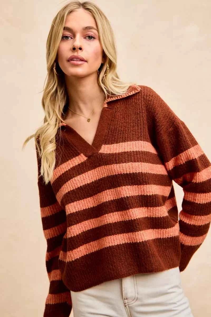 BiBi Striped Sweater Top with Collar Stitched Details - Stylish Layer for Every Season - MegaSuperStar