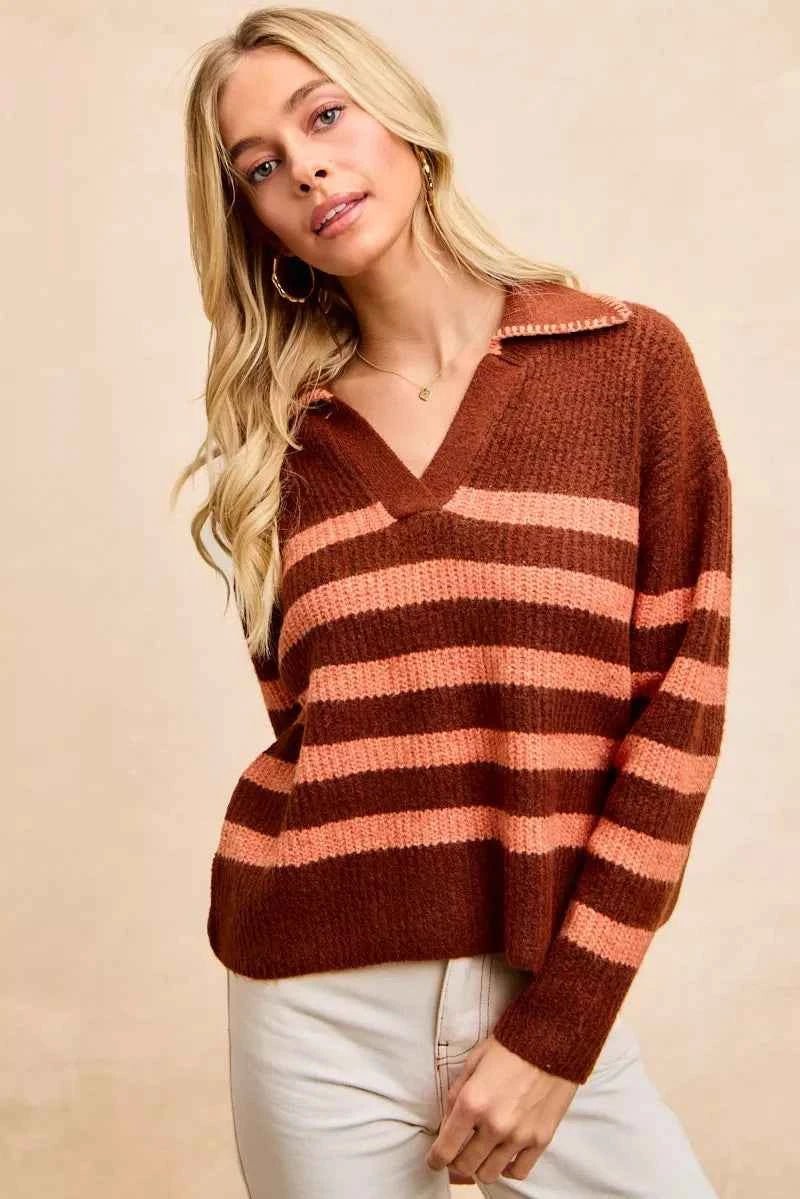 BiBi Striped Sweater Top with Collar Stitched Details - Stylish Layer for Every Season - MegaSuperStar