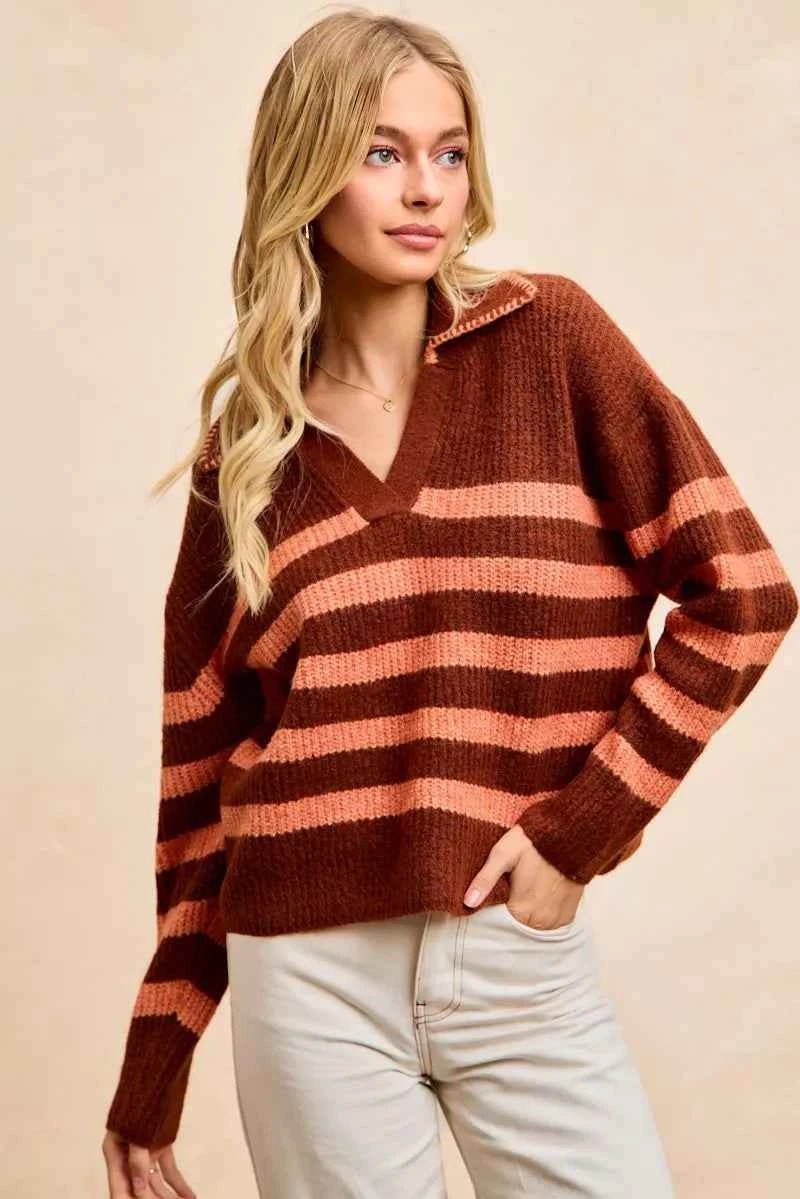 BiBi Striped Sweater Top with Collar Stitched Details - Stylish Layer for Every Season - MegaSuperStar