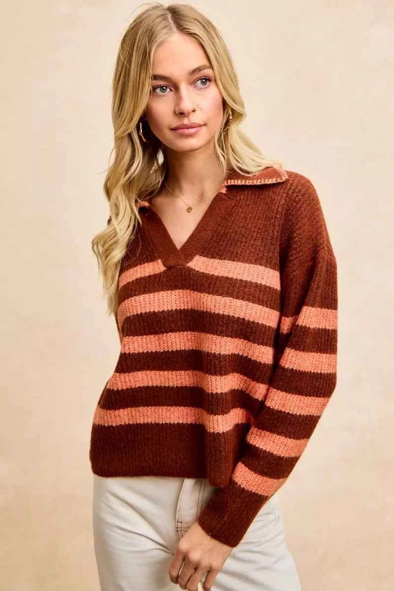 BiBi Striped Sweater Top with Collar Stitched Details - Stylish Layer for Every Season - MegaSuperStar