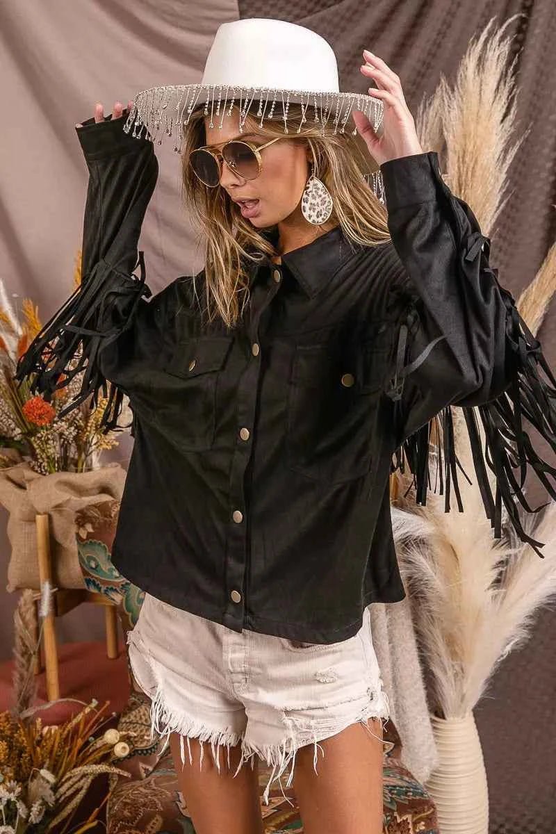 BiBi Suede Fringe Jacket with Long Sleeves - MegaSuperStar