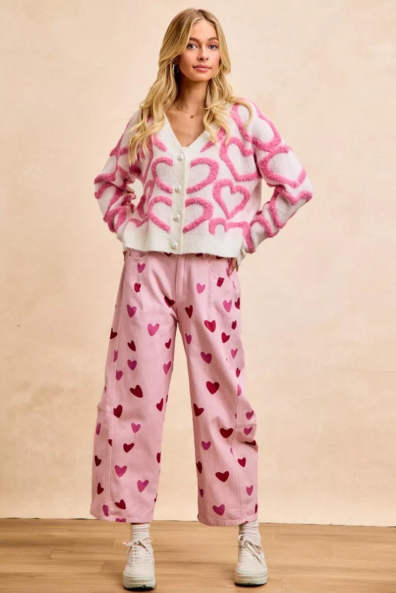 BiBi Textured Heart Cardigan with Buttoned V Neck - MegaSuperStar