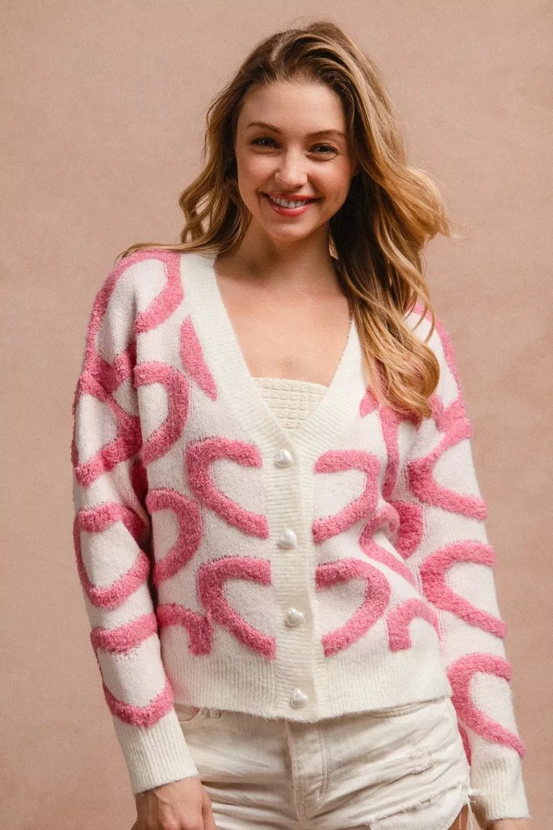 BiBi Textured Heart Cardigan with Buttoned V Neck - MegaSuperStar