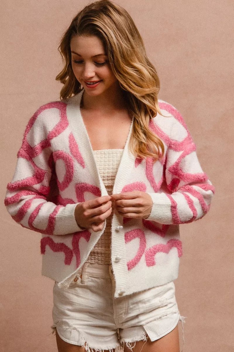 BiBi Textured Heart Cardigan with Buttoned V Neck - MegaSuperStar