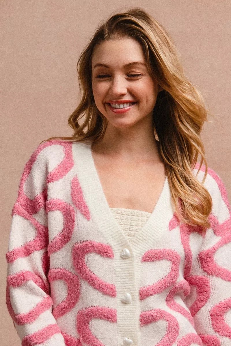 BiBi Textured Heart Cardigan with Buttoned V Neck - MegaSuperStar