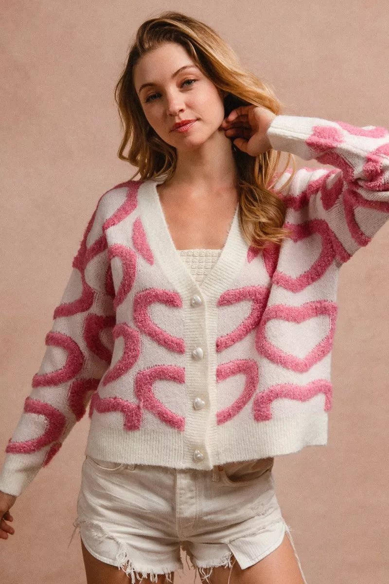BiBi Textured Heart Cardigan with Buttoned V Neck - MegaSuperStar