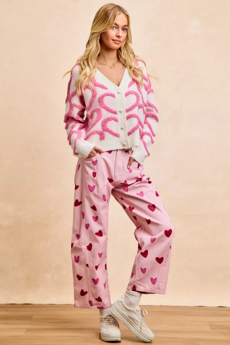 BiBi Textured Heart Cardigan with Buttoned V Neck - MegaSuperStar