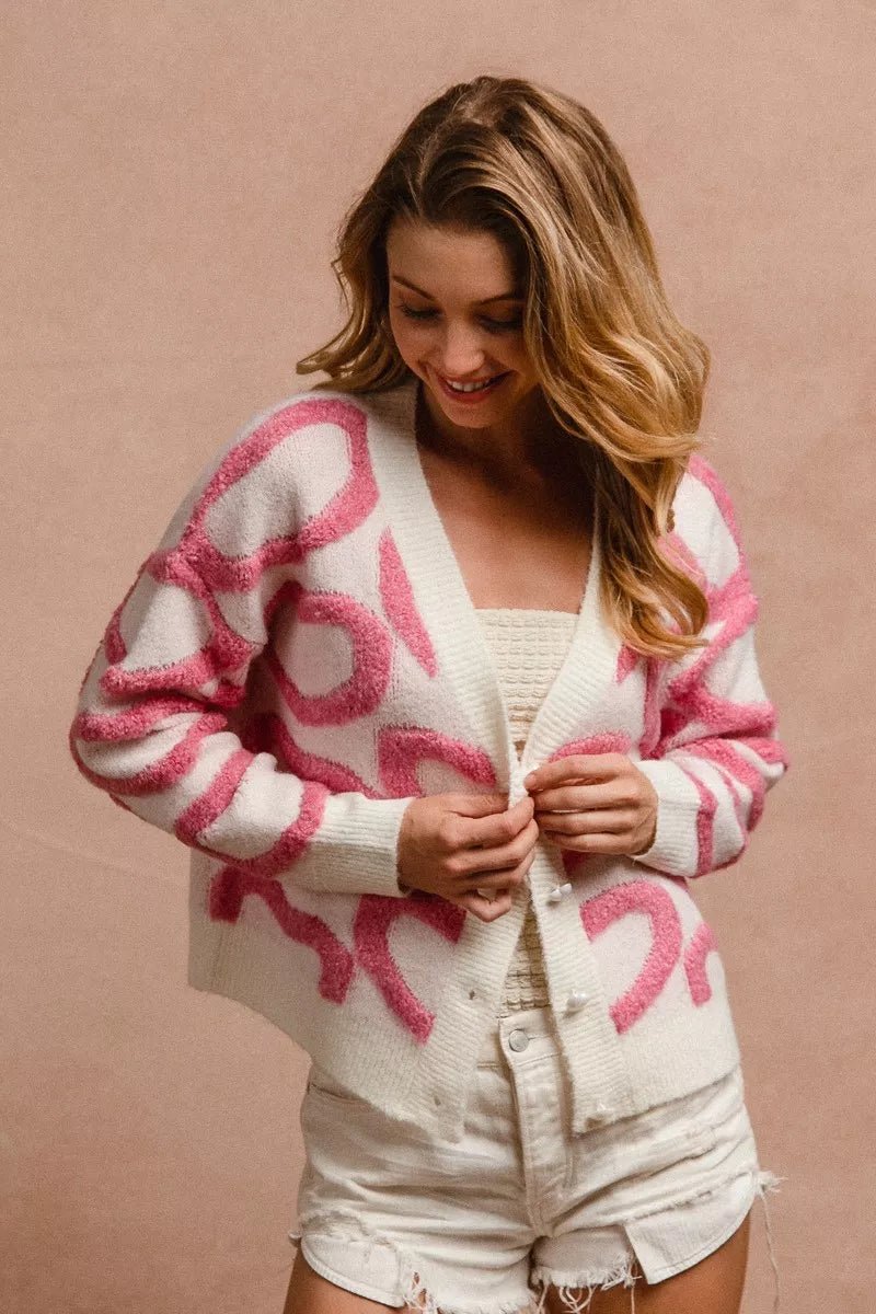 BiBi Textured Heart Cardigan with Buttoned V Neck - MegaSuperStar