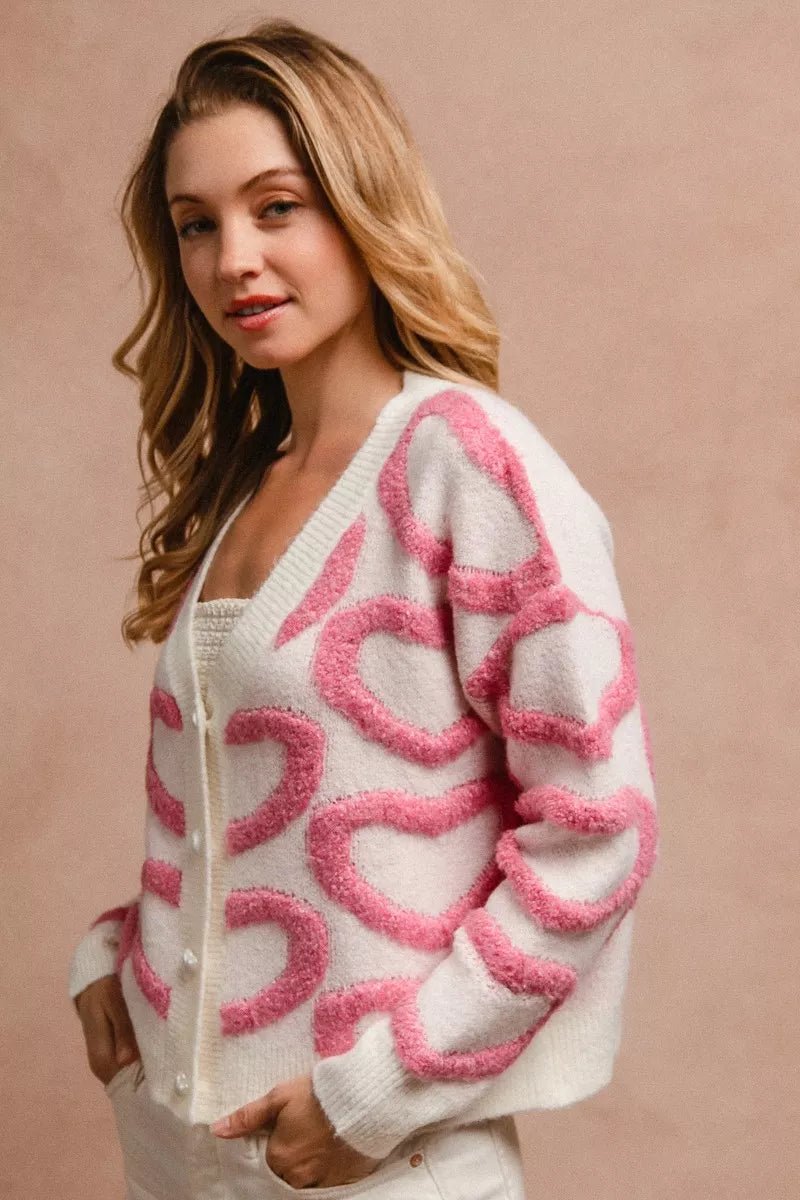 BiBi Textured Heart Cardigan with Buttoned V Neck - MegaSuperStar