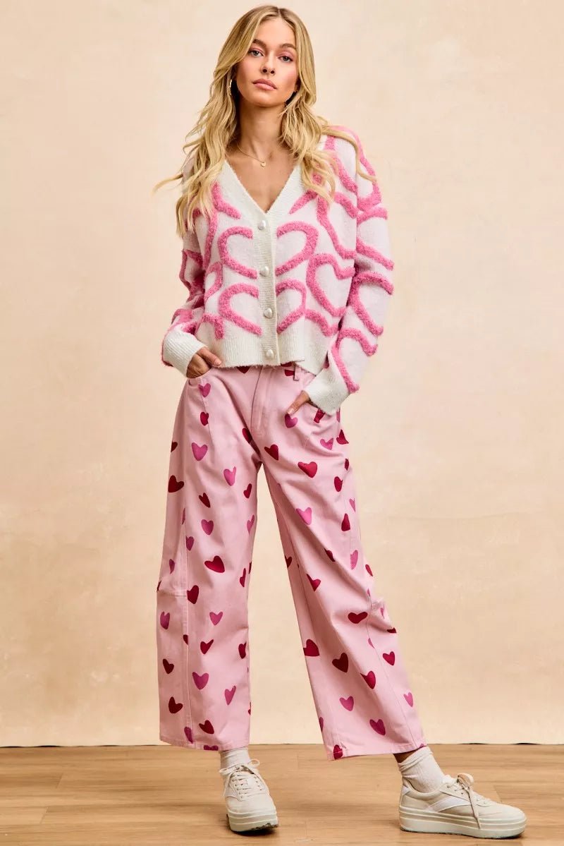 BiBi Textured Heart Cardigan with Buttoned V Neck - MegaSuperStar