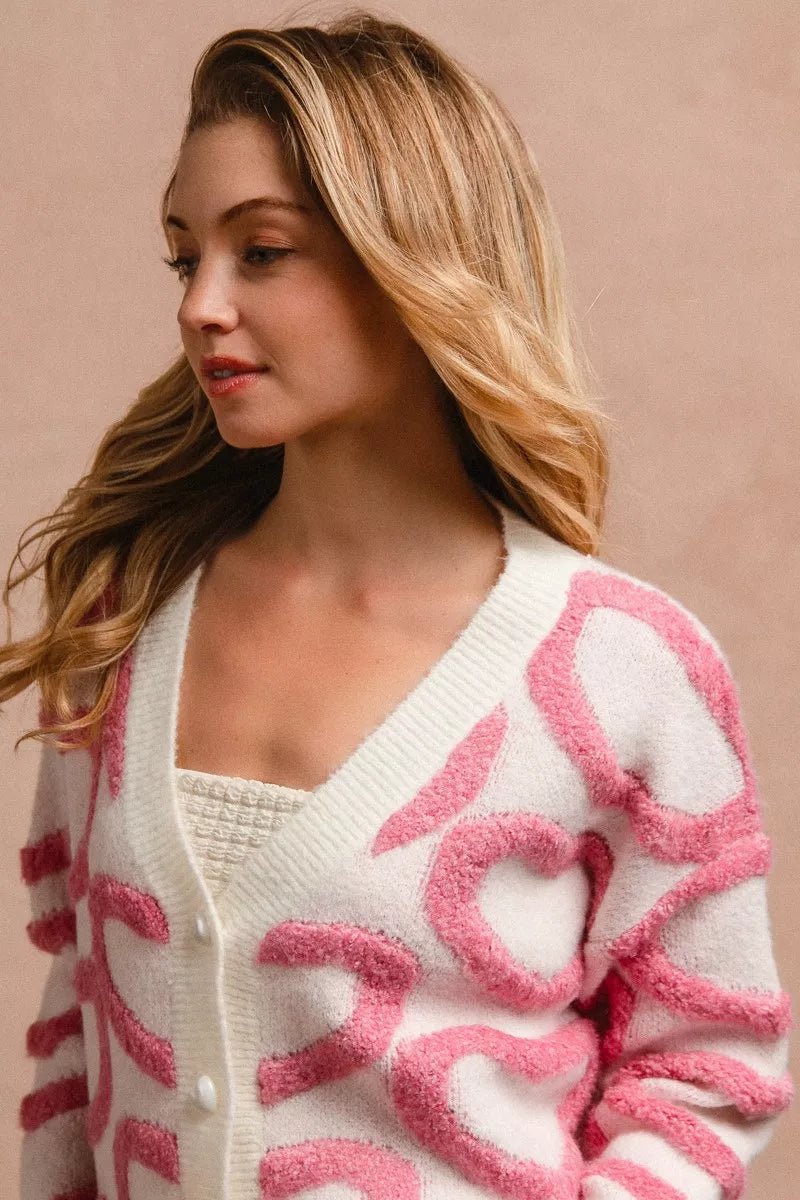 BiBi Textured Heart Cardigan with Buttoned V Neck - MegaSuperStar