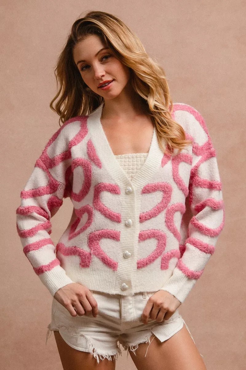 BiBi Textured Heart Cardigan with Buttoned V Neck - MegaSuperStar