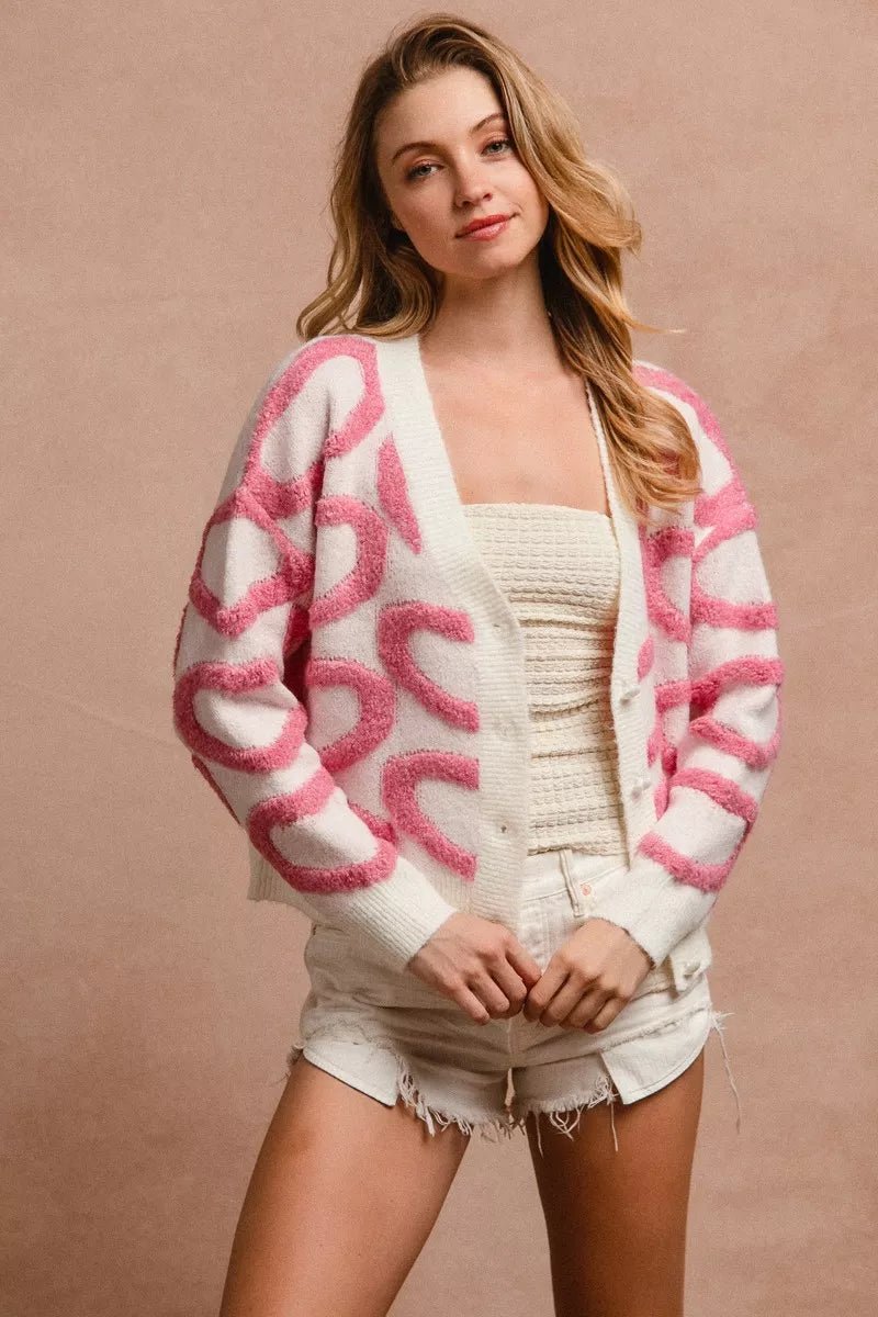 BiBi Textured Heart Cardigan with Buttoned V Neck - MegaSuperStar