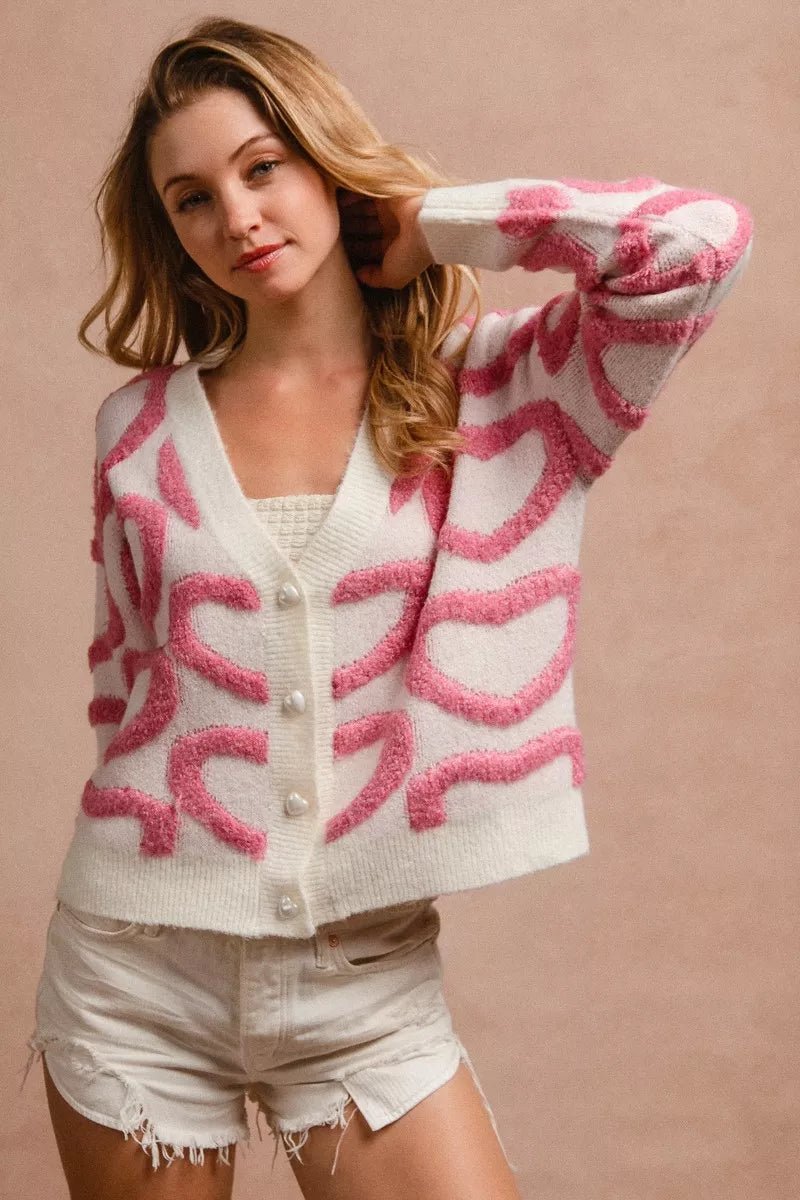 BiBi Textured Heart Cardigan with Buttoned V Neck - MegaSuperStar
