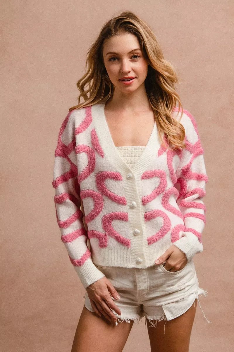 BiBi Textured Heart Cardigan with Buttoned V Neck - MegaSuperStar
