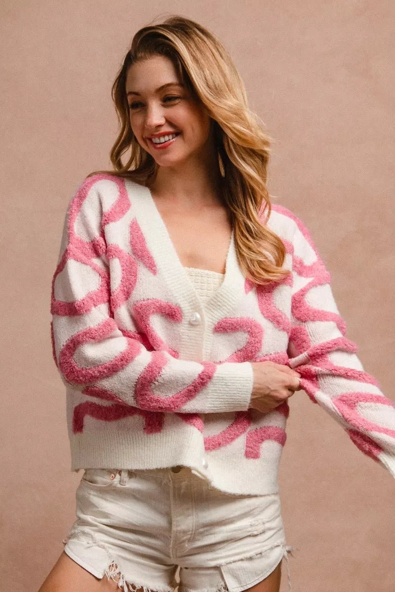 BiBi Textured Heart Cardigan with Buttoned V Neck - MegaSuperStar