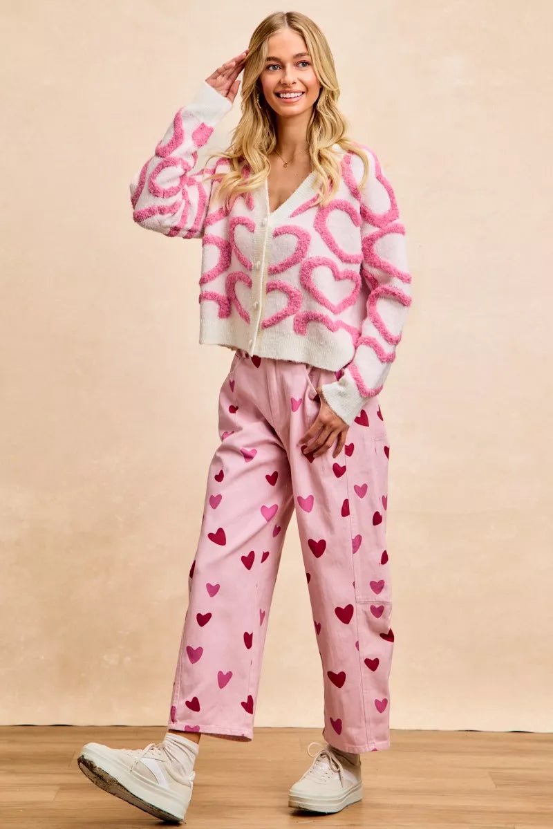 BiBi Textured Heart Cardigan with Buttoned V Neck - MegaSuperStar