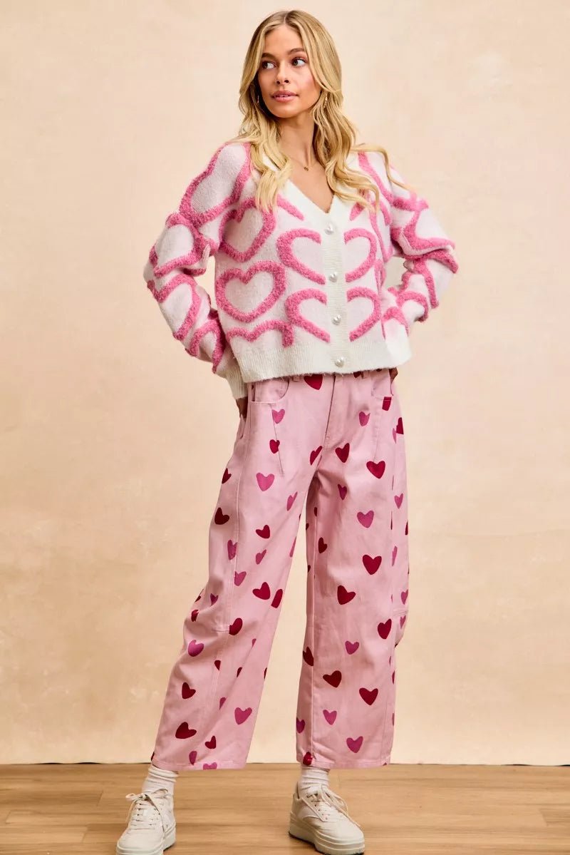 BiBi Textured Heart Cardigan with Buttoned V Neck - MegaSuperStar