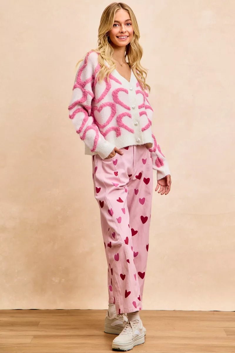 BiBi Textured Heart Cardigan with Buttoned V Neck - MegaSuperStar