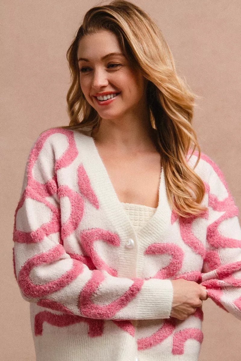 BiBi Textured Heart Cardigan with Buttoned V Neck - MegaSuperStar
