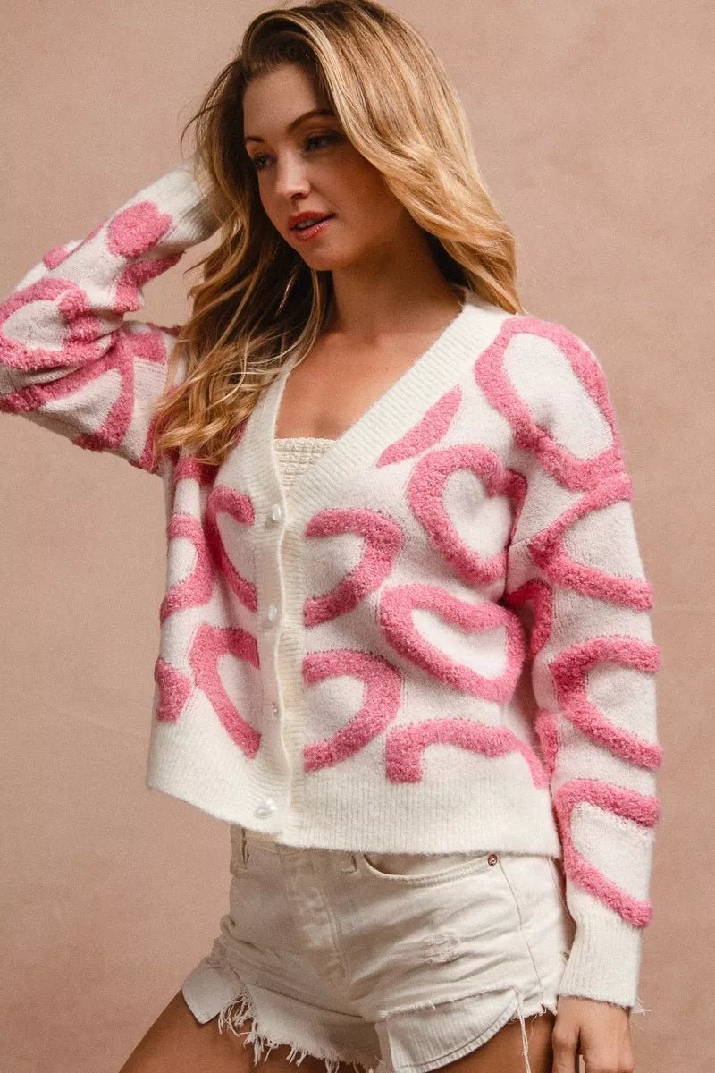 BiBi Textured Heart Cardigan with Buttoned V Neck - MegaSuperStar