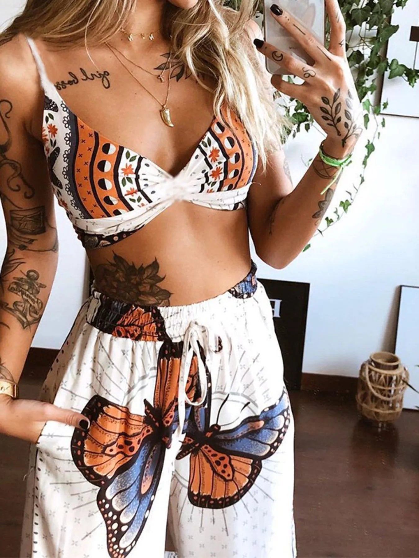 Boho Butterfly Print Top and Pants Set - MegaSuperStar