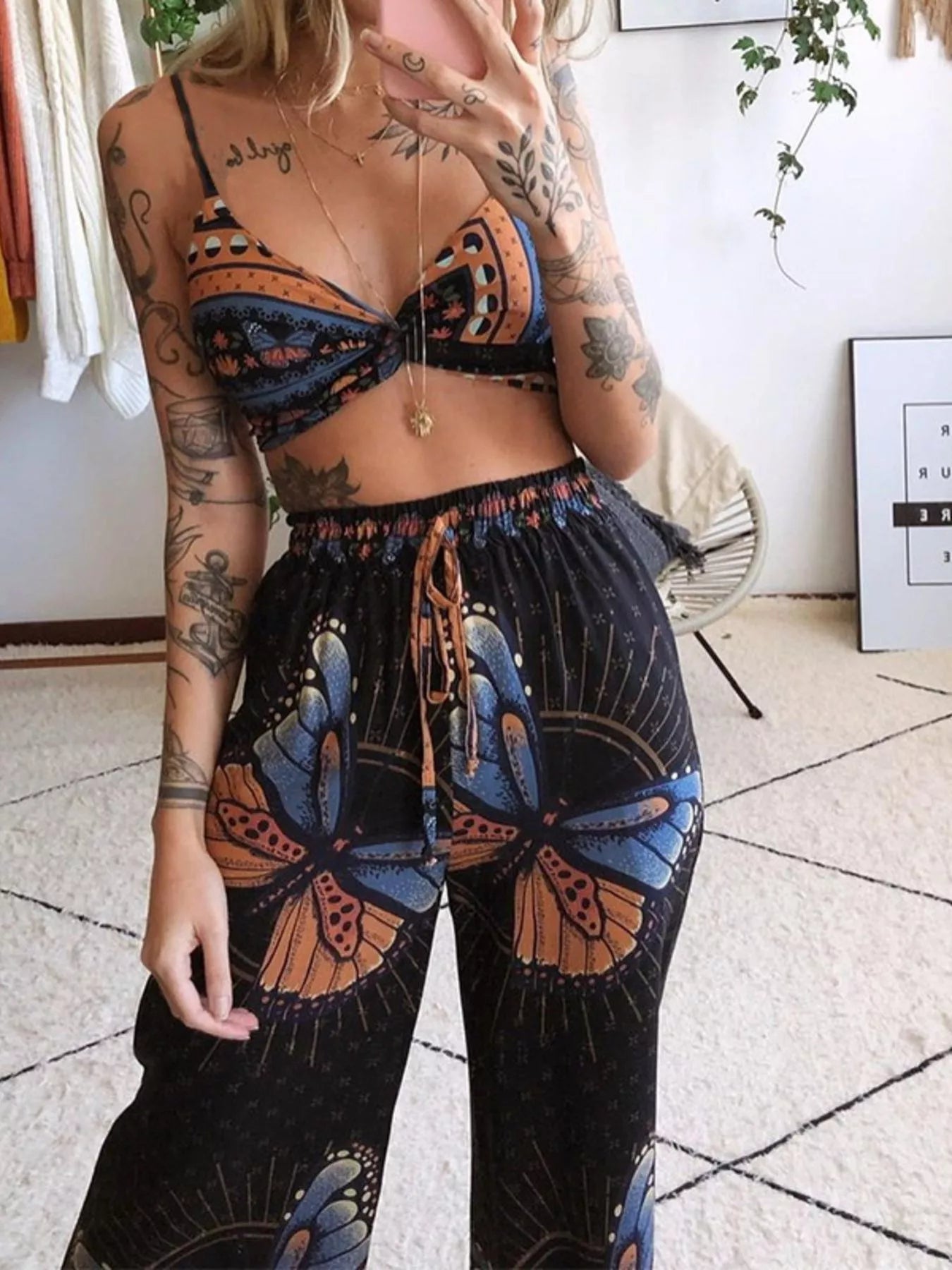 Boho Butterfly Print Top and Pants Set - MegaSuperStar