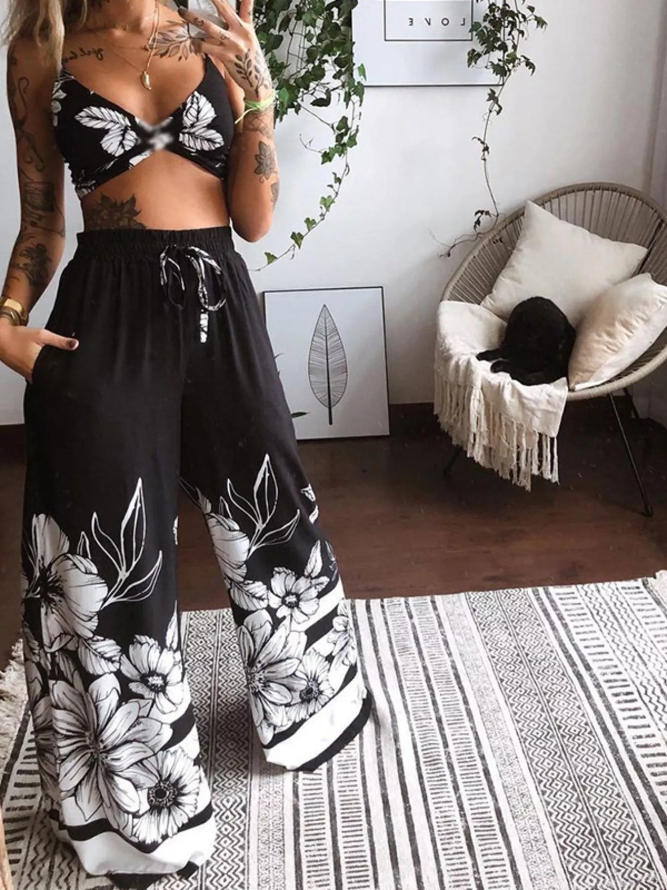 Boho Butterfly Print Top and Pants Set - MegaSuperStar