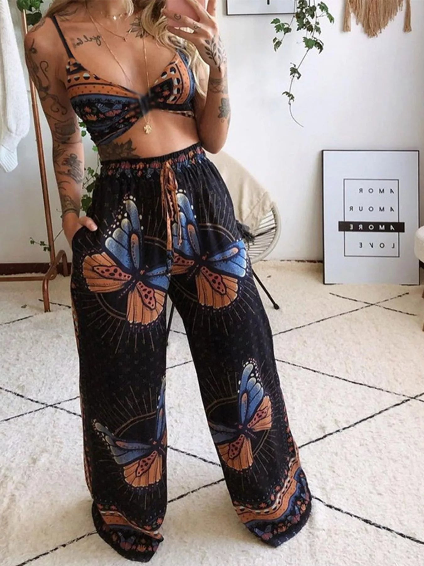 Boho Butterfly Print Top and Pants Set - MegaSuperStar