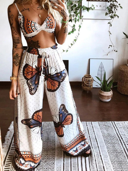 Boho Butterfly Print Top and Pants Set - MegaSuperStar