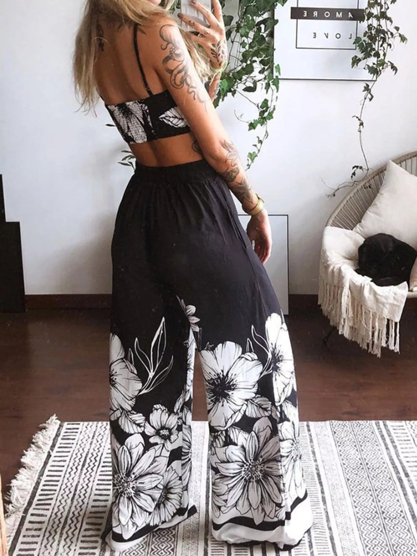 Boho Butterfly Print Top and Pants Set - MegaSuperStar