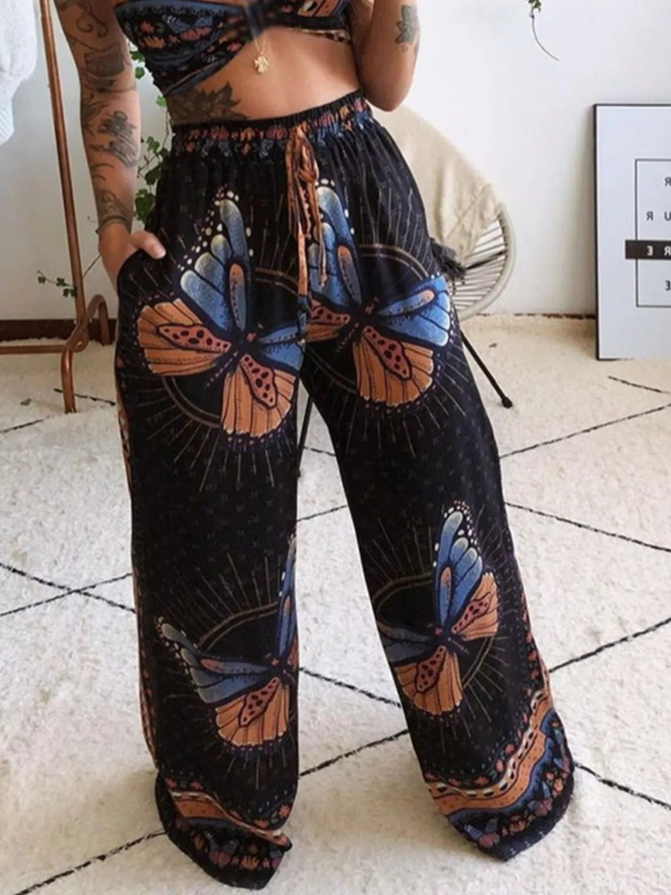 Boho Butterfly Print Top and Pants Set - MegaSuperStar