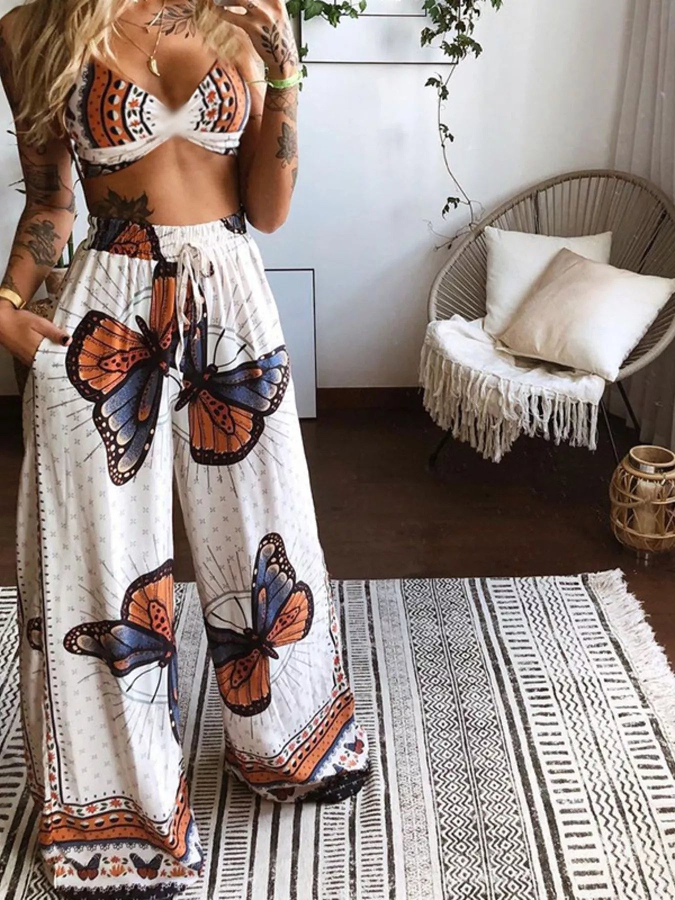 Boho Butterfly Print Top and Pants Set - MegaSuperStar
