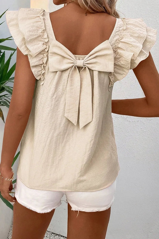Bow Back Ruffled Blouse with Cap Sleeves - MegaSuperStar
