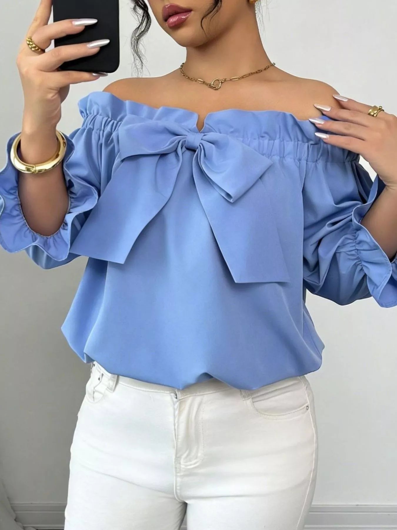 Bow Flounce Sleeve Blouse - MegaSuperStar