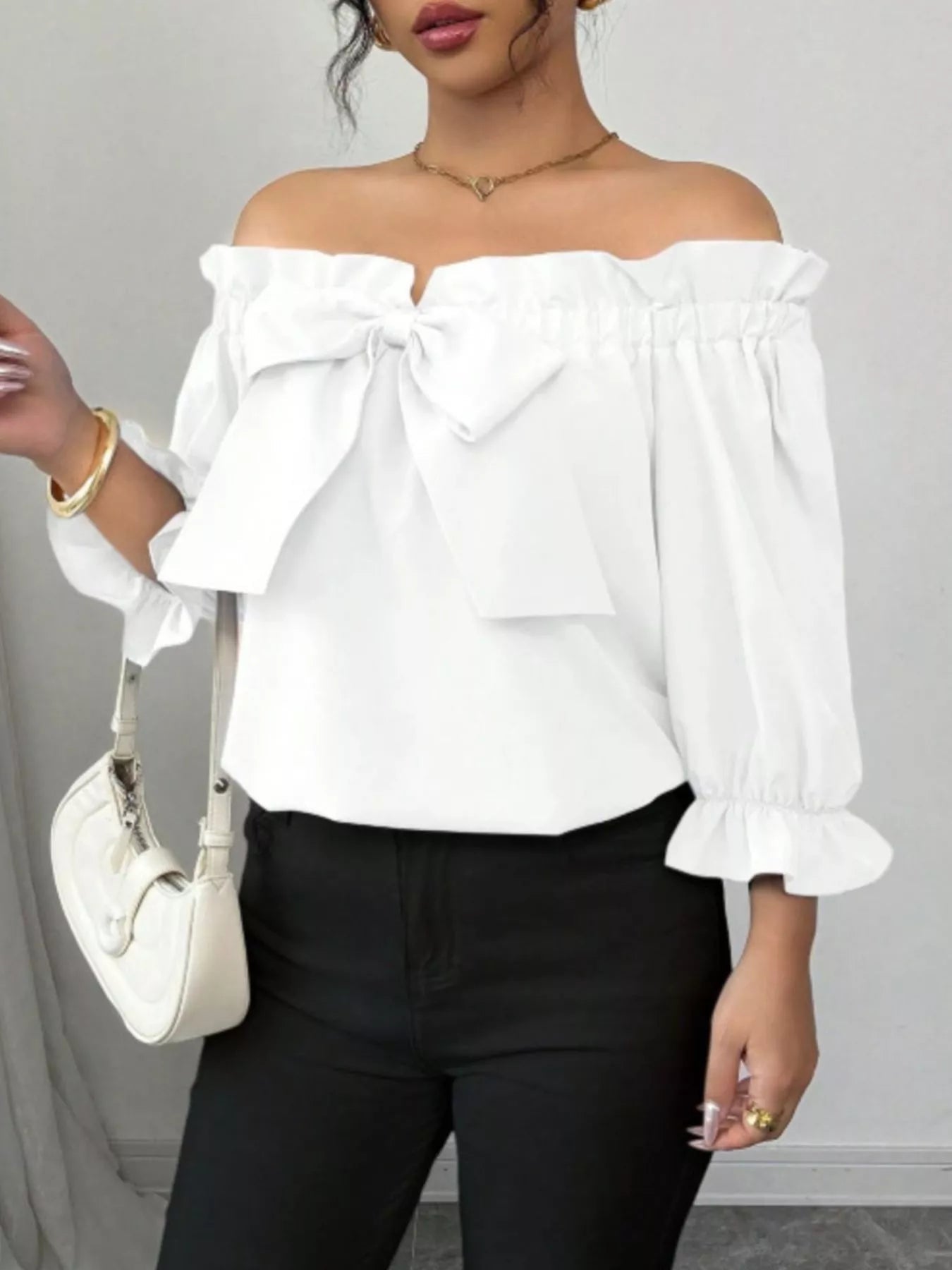 Bow Flounce Sleeve Blouse - MegaSuperStar