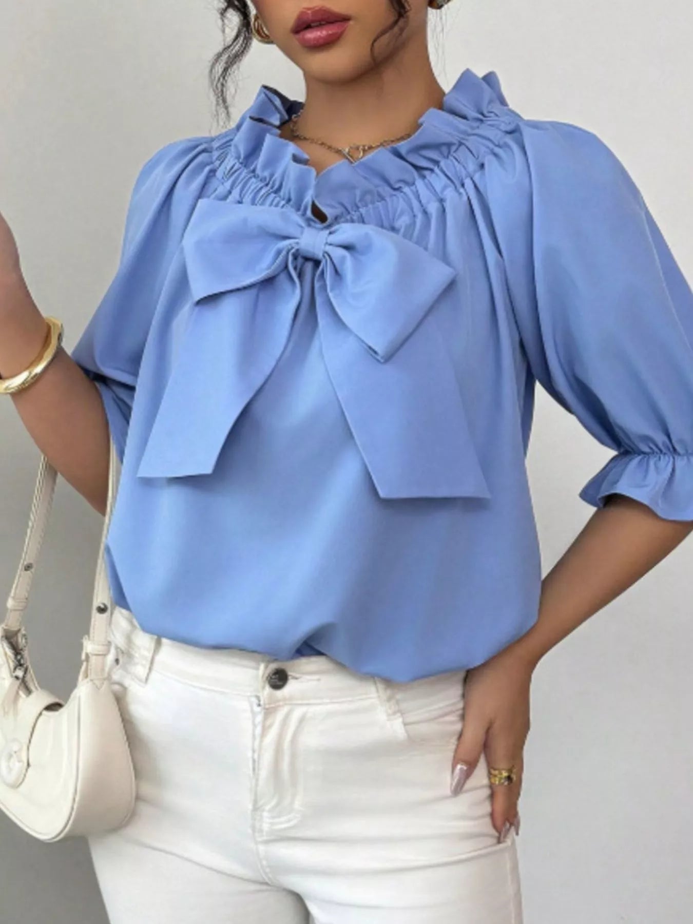 Bow Flounce Sleeve Blouse - MegaSuperStar