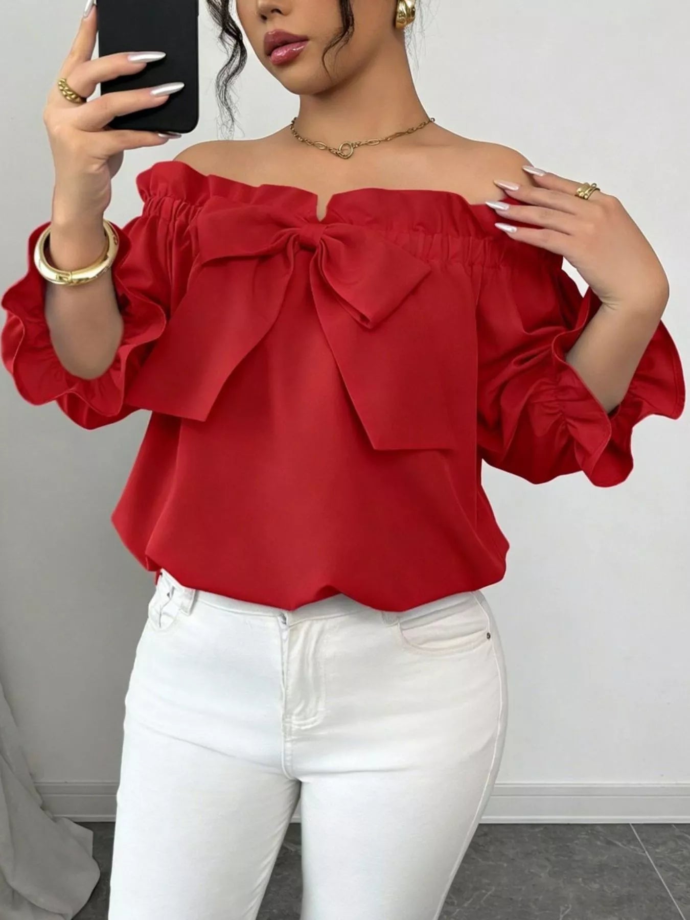 Bow Flounce Sleeve Blouse - MegaSuperStar