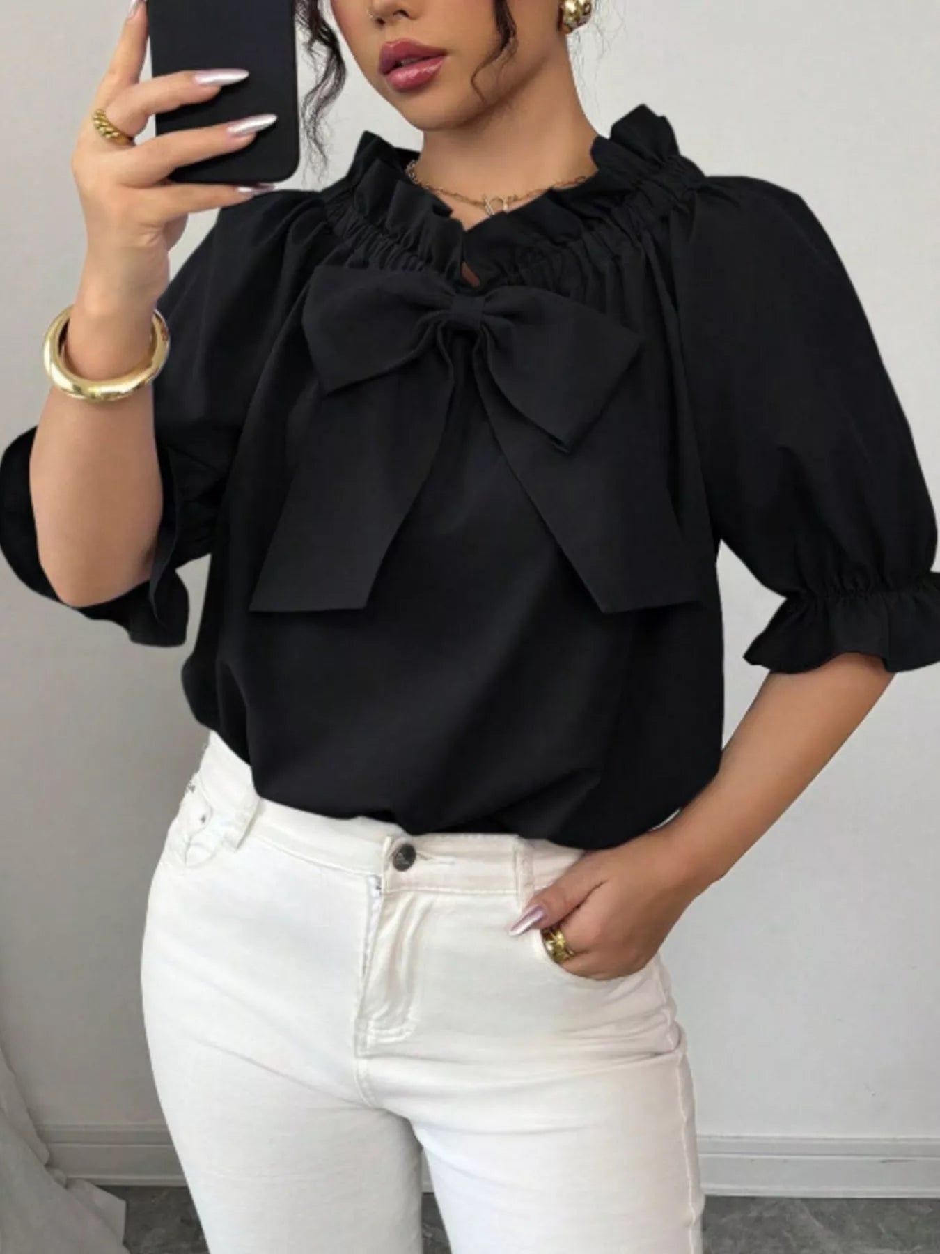 Bow Flounce Sleeve Blouse - MegaSuperStar