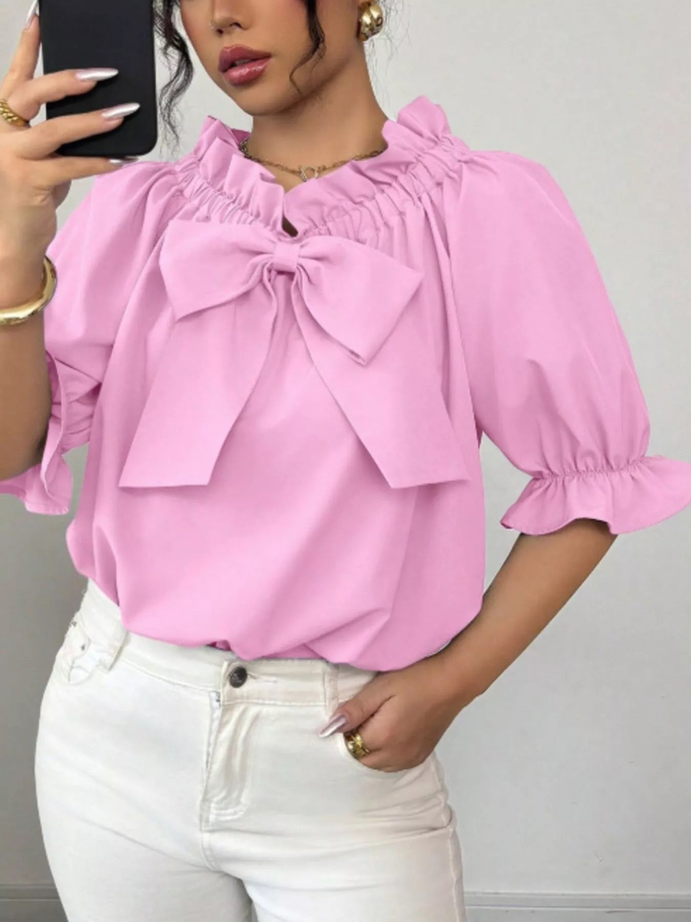 Bow Flounce Sleeve Blouse - MegaSuperStar