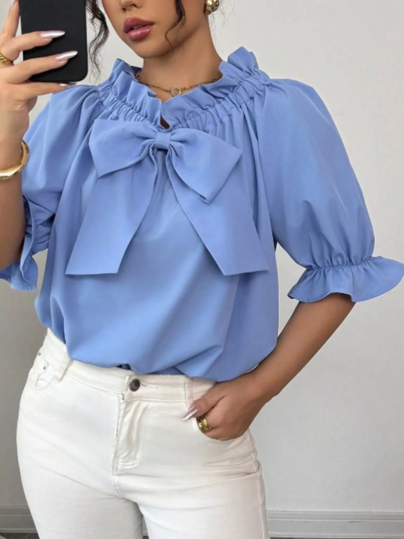 Bow Flounce Sleeve Blouse - MegaSuperStar