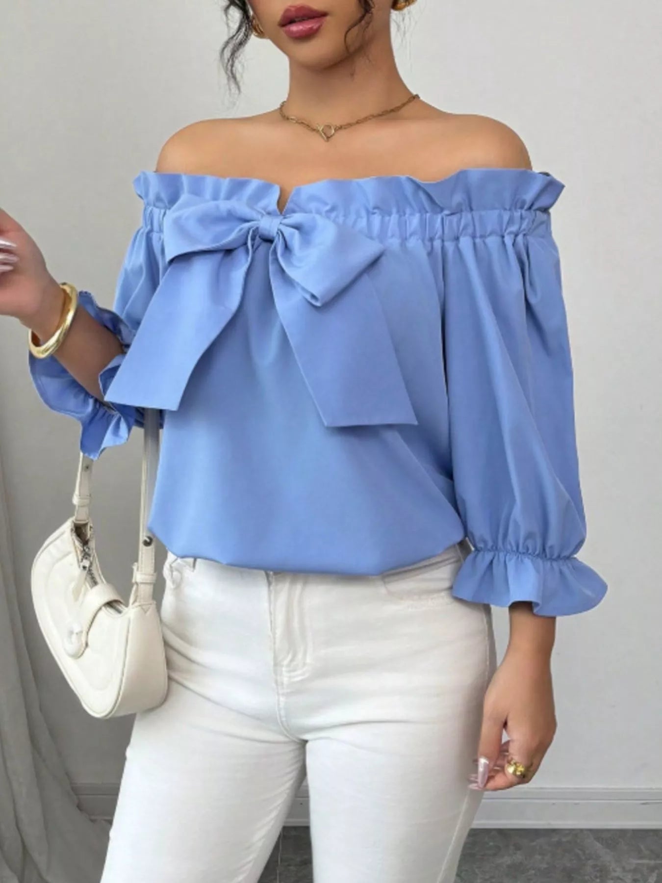 Bow Flounce Sleeve Blouse - MegaSuperStar