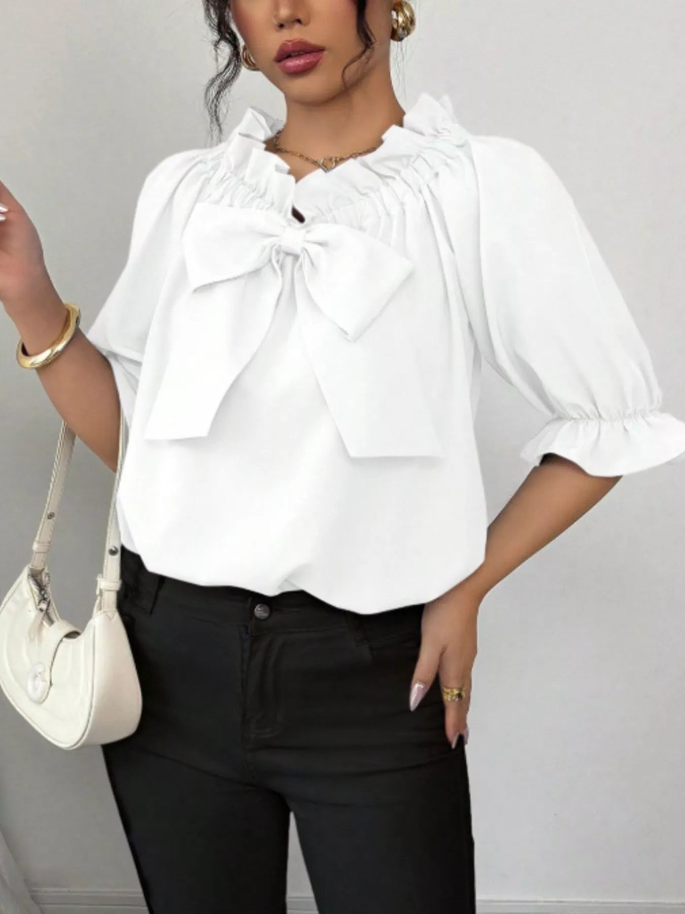 Bow Flounce Sleeve Blouse - MegaSuperStar