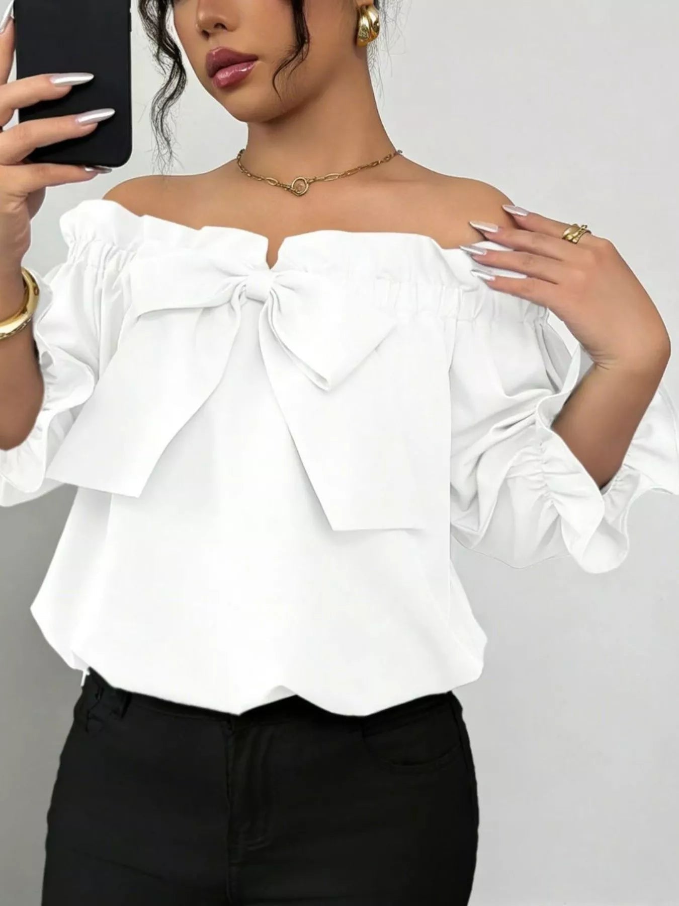 Bow Flounce Sleeve Blouse - MegaSuperStar