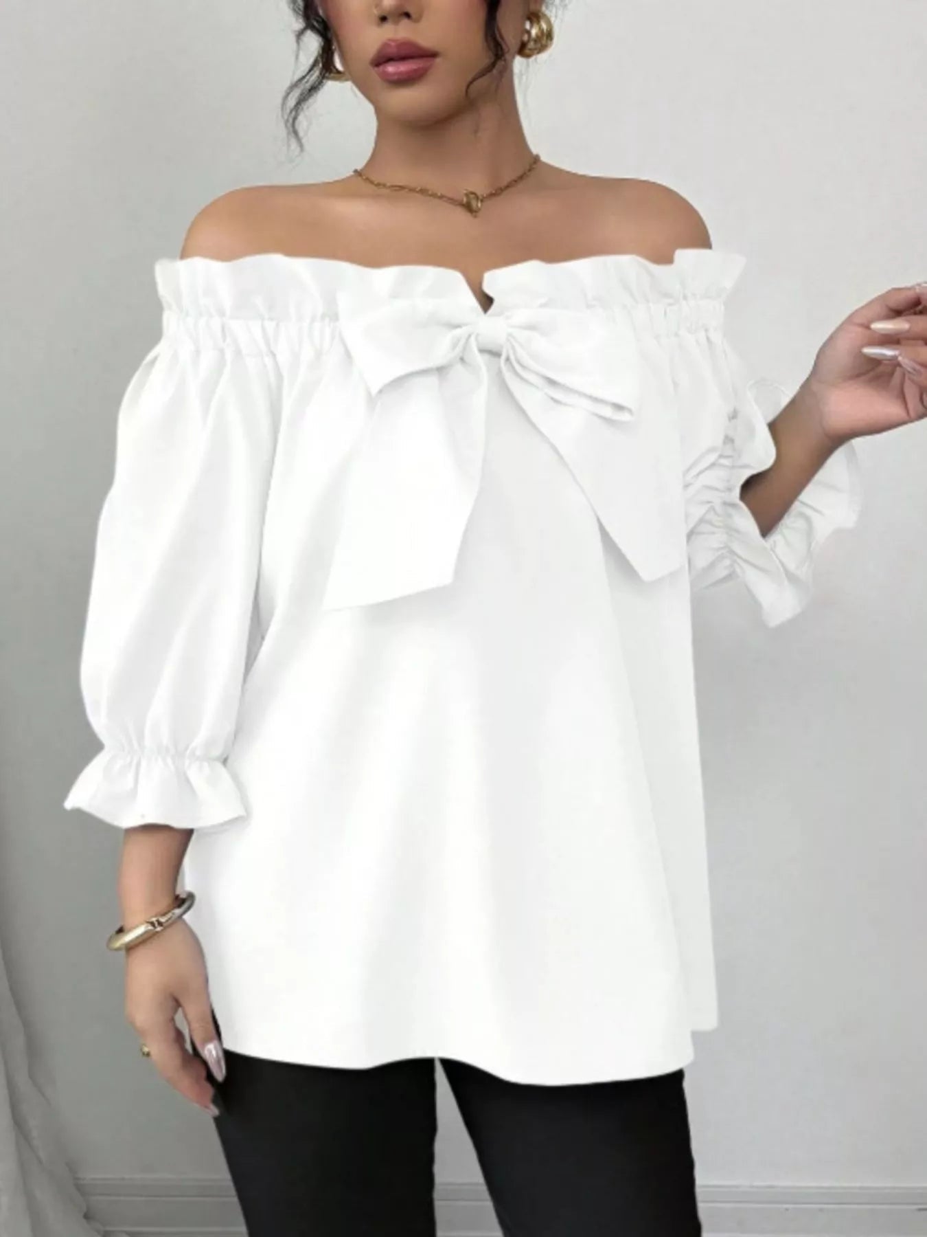 Bow Flounce Sleeve Blouse - MegaSuperStar