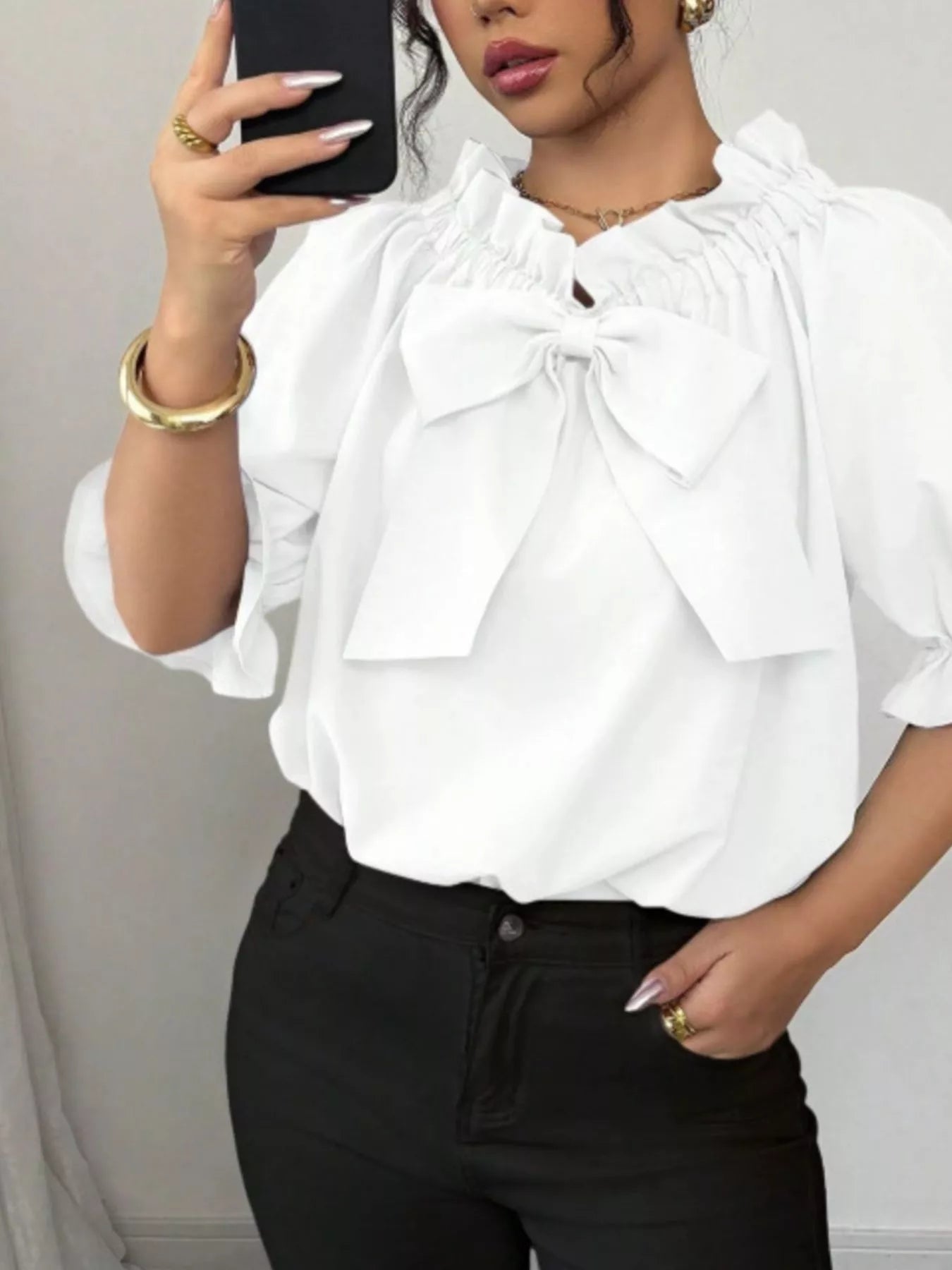 Bow Flounce Sleeve Blouse - MegaSuperStar