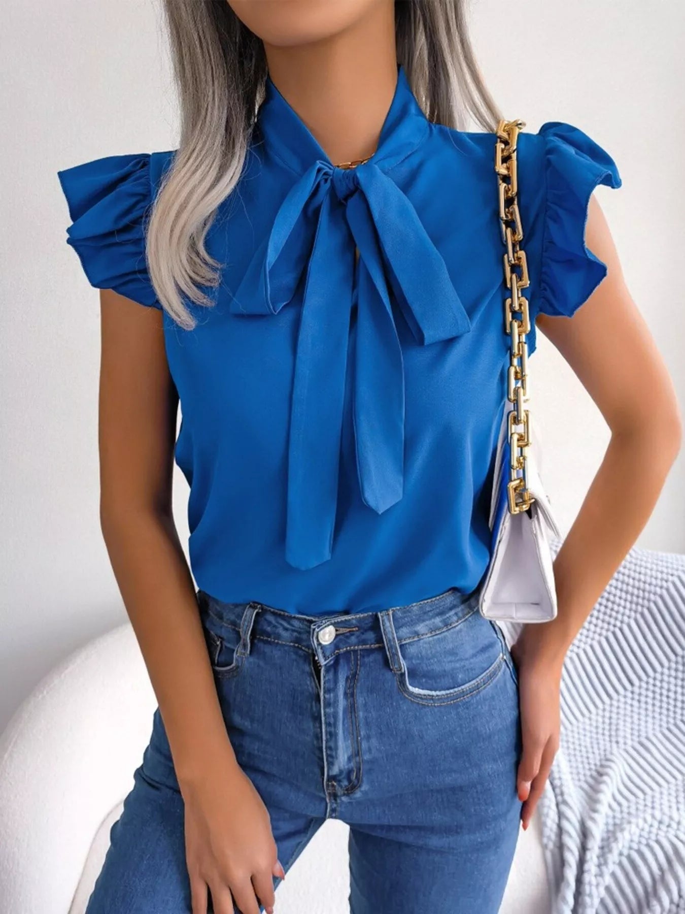 Bow Tie Ruffle Sleeve Blouse - MegaSuperStar